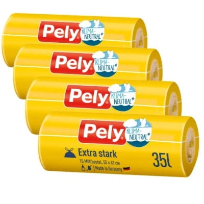 Immagine di Pely Sacchetti per la spazzatura extra forti, certificati neutralizzazione del clima, confezione risparmio (4 x 15 pezzi), giallo, lo smaltimento (35 litri)