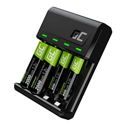 Immagine di Green Cell VitalCharger Caricatore + 2 batterie AA 2000 mAh AAA 800 per NI MH R6 R03 Mignon con micro USB C. Sistema di ricarica a 4 canali da 1 o AAA, LED