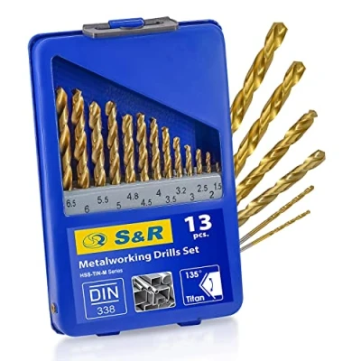 Immagine di S&amp;R Punte Trapano Metallo Titanio Rettificate 13pz (1,5 6,5 mm) 135 DIN 338. Avvitatore Professionali