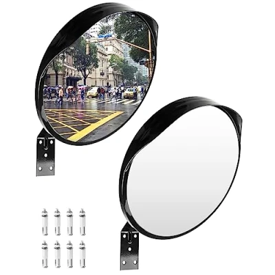 Immagine di QWORK® Set di 2 Specchio Convesso Interni ed Esterni, Stradale da Traffico per Strade, Magazzini, Garage e Negozi, Ø 30 cm, Staffa Viti Incluse