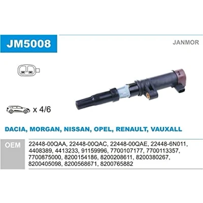 Immagine di JANMOR JM5008 Bobina d&#039;accensione RENAULT: CLIO 3, 2, Modus / Grand Modus, DACIA: Duster SUV, Logan I MCV