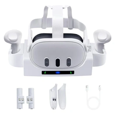 Immagine di Mcbazel Stazione di Ricarica VR per Quest 3, Supporto da Parete Controller e Visore VR, Dock con Indicatore Ricarica, Batteria Ricaricabile Cavo Type C 3