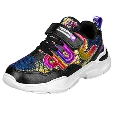 Immagine di HSNA Scarpe Moda Sneaker Bambine e Ragazza Paillette Lucide Bambina Sportive(a01 Nero 37 EU)