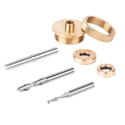 Immagine di SpeTool Upcut Kit di punte per fresa a spirale in ottone massiccio, 2 pezzi, gambo da 1/4&quot;, 1/8&quot;, con boccola, perno allineamento collare legno