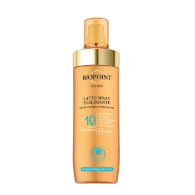 Immagine di Biopoint Solaire Latte Solare Spray Sublimante SPF 10 con Acceleratore di Abbronzatura, Azione Antiossidante e Idratante, Dona una Pelle Dorata Luminosa, 250 ml