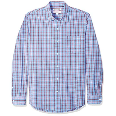 Immagine di Amazon Essentials Camicia in Popeline a Maniche Lunghe Slim Uomo, Blu Motivo Scozzese/Rosso, M