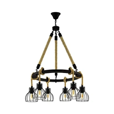 Immagine di Eglo Rampside Lampada a Sospensione Vintage 6 Luci, Design Industriale, Cestino in Metallo, Acciaio e Legno, Attacco E27. Nero/Marrone