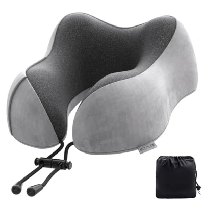 Immagine di cuscino cervicale aereo, da viaggio per auto, in memory foam, con rivestimento vellutato, adulti, viaggi, campeggio, ufficio e casa (grigio chiaro)
