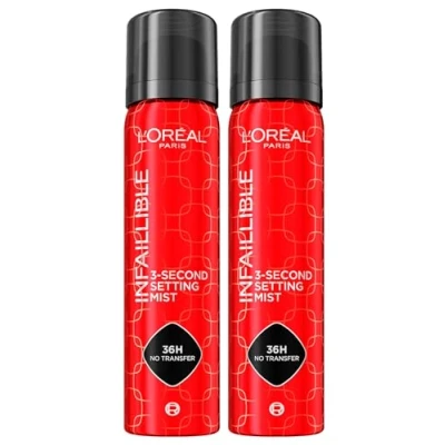 Immagine di L&#039;Oréal Paris Infaillible Spray Fissante per Trucco Viso 3 Second Setting Mist 36H No Transfer Waterproof Formula Leggera ad Asciugatura Rapida Resistente a Sudore e Acqua 2 Flaconi da 75ml