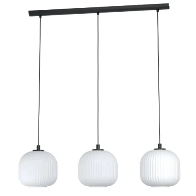 Immagine di Eglo lampada a sospensione Mantunalle 1, luce 3 lampade da pranzo, illuminazione in metallo nero e vetro bianco, attacco E27, 120 cm