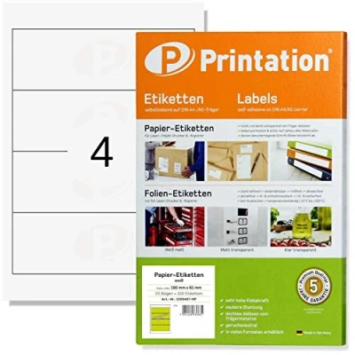 Immagine di Printation Etichette per raccoglitori, larghezza 190 x 61 mm, 100 dorsi, autoadesive, bianche stampabili su 25 fogli DIN A4, 1 4, 4