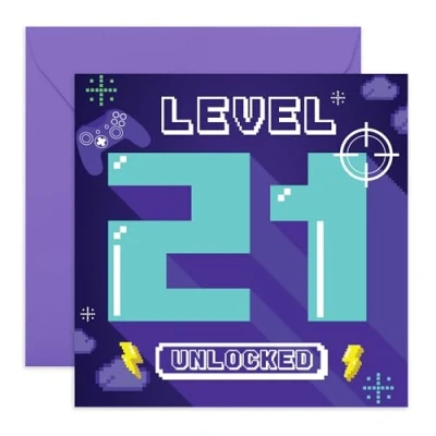 Immagine di CENTRAL 23 biglietto di auguri per il 21 compleanno uomo, videogiochi, lui, ventuno anni, regalo fratello, fidanzato, nipote, viene fornito con divertenti adesivi