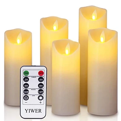 Immagine di LED Candele Flameless Φ 5.5CM x H 12CM/15CM/17CM/20CM/22CM Set di 5 Celle Reali Non in plastica Telecomando a 10 Tasti con 2/4/6/8 Ore Funzione Timer 200 oreYIWER (5x1, Avorio)