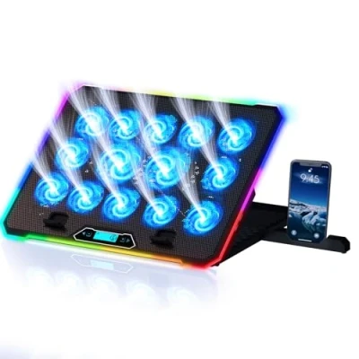 Immagine di KLIM V14 Base di raffreddamento da Gaming per Notebook con 14 ventole + Nuovo 2024 Stabile Supporto RGB portatile Compatibile fino a 17&quot; 2 porte USB telefono