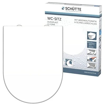 Immagine di SCHÜTTE sedile WC Duroplast a D, con abbassamento automatico e chiusura rapida per una facile pulizia, carico massimo sugli occhialini, 150 kg, bianco 82910