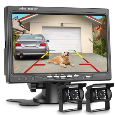 Immagine di podofo Kit Telecamera Retromarcia per Auto, 7&#039;&#039; Monitor con Schermo LCD HD, Posteriore 18 LED IR Impermeabile IP68 Visione Notturna, Autobus, Camion, Rimorchi, 15 m di Cavo