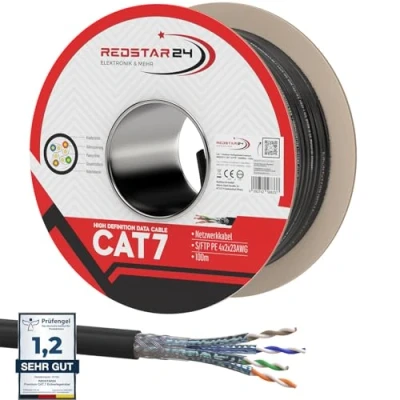 Immagine di RedStar24 CAT 7 Cavo di rete esterno 100m Ethernet CAT7 Schermato dati LAN Gigabit S/FTP, PIMF, PoE, 10Gbit/s, Senza alogenuri, Uso per interramento 100 metri bobina