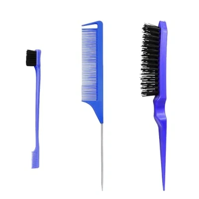 Immagine di 3 Pezzi Spazzola Capelli Kit, Doppio Bordo Pettine, Pettine a Coda Topo, Spazzole e Pettini per Bordi, in Setola Pettini, Stuzzicare, Casa, Parrucchieri(Blu)