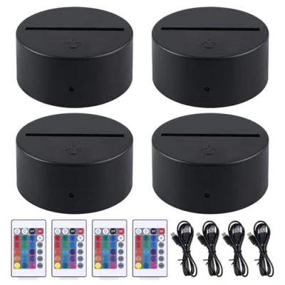Immagine di 4 pezzi luce notturna a LED 3D con attacco telecomando e cavo USB, lampada illusione 3D, 7 colori, dimmerabile, decorativa per cameretta dei bambini, camera da letto, soggiorno,