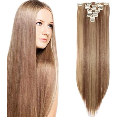 Immagine di SEGO Extension Clip Capelli Sintetici Lisci Parrucca Donna 18 Clips in Hair Extensions 65cm 8 Fasce Full Head 140g Marrone Chiaro mix Biondo Cenere