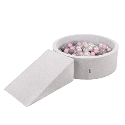 Immagine di KiddyMoon Area di Gioco in Schiuma con Tondo Piscina Palline (200 Palline) per Bambini, Grigioch:Perla/Grigio/Trasparente/Rosa Chiaro