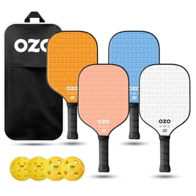 Immagine di OZO Pickleball Set di 4 Racchette, Palline e Borsa Spark Energia Ritmo (per Principianti, Potenza, Superficie in Fibra Carbonio) + Esterno ed Interno) Approvate USAPA