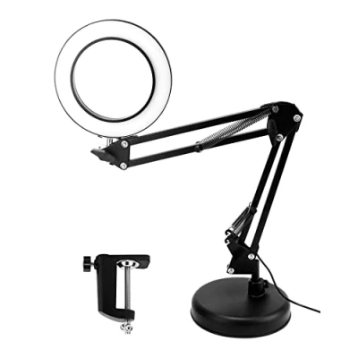 Immagine di QWORK® 10X lampada d&#039;ingrandimento con morsetto e base, 3 modalità di colore 10 livelli luminosità regolabili, braccio girevole regolabile, nero