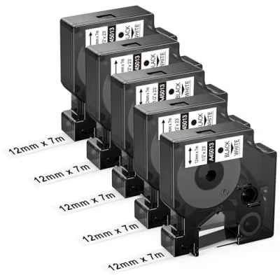 Immagine di Upwinning Compatibile con Dymo D1 Nastro 12mm x 7m 45013 S0720530 A45013, per LabelManager 160 210D 260P 280 360D 420P PnP 450 450D, Nero su Bianco, confezione da 5