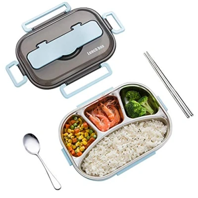 Immagine di amropi Scatole Bento Lunch Box Acciaio Inossidabile Contenitori 2/3/4/5 Scomparto Dispensa con Bastoncini e Cucchiaio (Blu, 4 Scomparto)