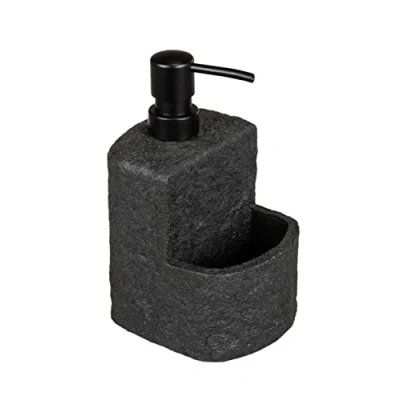 Immagine di Wenko Dispenser di detersivo Festival Stone Nero, Ricaricabile, in Ottica Pietra poliresina qualità, con ripiano aggiuntivo per spugnetta, capacità 380 ml, 10,5 x 18 11 cm