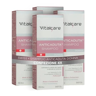Immagine di Vitalcare Swiss Shampoo Anticaduta Donna, Rivitalizzante e Fortificante, Contrasta la Caduta dei Capelli, con Vitamine E, B3 Complesso di Molecole Follicusan, 4 x 250 ml