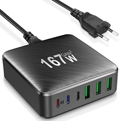 Immagine di Caricatore USB C,167W GaN Caricabatterie C Rapido,6 Porte Multiplo,Alimentatore Compatibile con MacBook Pro/Air,iPad,iPhone 15/14/13/12 Pro Max,Samsung Galaxy/Note,Xiaomi