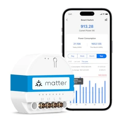 Immagine di Meross Interruttore WiFi Matter (Neutro Richiesto) Monitora il Consumo di Energia e Simple Setup (MSS), Interruptore Smart Compatibile con Apple Home, Alexa Google Home