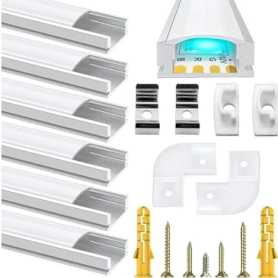 Immagine di Chesbung U LED Profilo 1 metri x 6 Pack in Alluminio Per Luci Strip con copertina, bianca Lattea,Tappi di Chiusura Laterali. Canalina Cover, Montaggio Universale Argento