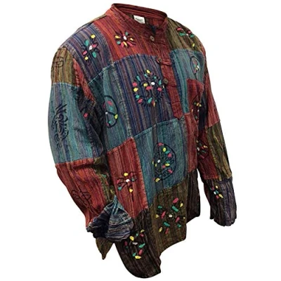 Immagine di SHOPOHOLIC FASHION Camicie da Nonno Uomo Hippie a Righe Patchwork, Camicia Festival Colorata Lavata in Pietra, 4XL