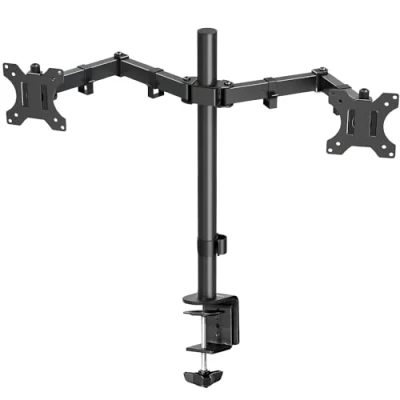 Immagine di Amazon Basics Supporto per monitor doppio, in acciaio, con staffa a braccio altezza regolabile, rotazione di 360 gradi, inclinazione dello schermo e organizer cavi, Nero
