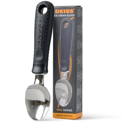 Immagine di paletta per gelati Deiss Pro, in acciaio inox con impugnatura gomma morbida, design ergonomico perfetto una presa facile, resistente cucchiaiare duri e sorbetti