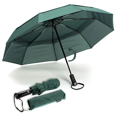Immagine di Ergonauts Ombrello da viaggio anti vento a doppio baldacchino, con rivestimento in teflon, manico ergonomico e custodia protettiva, portatile, pieghevole, design leggero resistente al (verde)