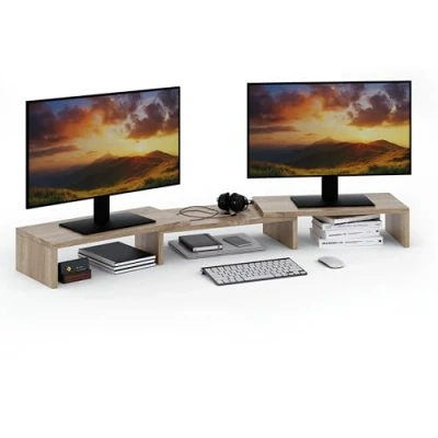 Immagine di ComfortCove supporto per doppio monitor organizzatore scrivania laptop computer 3 ripiani a lunghezza regolabile Sonoma