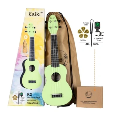 Immagine di Ortega Guitars Soprano Ukulele verde Keiki K2 Starter Kit include Accordatore, Tracolla, 5 Plettri Medi e Borsa con Coulisse pastel/tomatillo (K2 TMO)