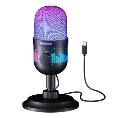 Immagine di Aokeo microfono da gioco, USB per PC, Mac, PS4/5, a condensatore podcast registrazione in studio, streaming YouTube, con luce LED