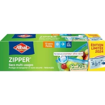 Immagine di Albal Borse ZIPPER piccolo modello 1L, 70% di risorse riciclate, Chiusura a cursore ultra sicura, Resistente, Lavabile in lavastoviglie, Applicazione Food Saver, 20 x 15 cm
