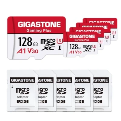 Immagine di Gigastone Scheda di Memoria Micro SDXC da 128 GB Set 5, Gaming Plus Serie, A1 U3 V30, Velocità Fino a 100/50 MB/Sec(R/W) con Adattatore. per Telefono, Fotocamere, Videocamera, Tablet, Gopro, Switch