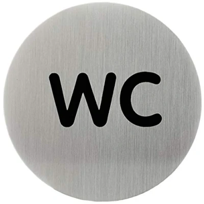 Immagine di Durable 490623 Pittogramma tondo, adesivo, con scritta serigrafataWC, acciaio inossidabile, diametro 83 mm, argento metallizzato
