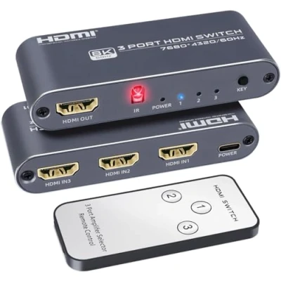 Immagine di Switch HDMI 3 in 1 out 8K 60Hz/4K 120Hz, commutatore a porte con telecomando IR, compatibile PC, Xbox, lettori HD, Blu Ray, ecc.