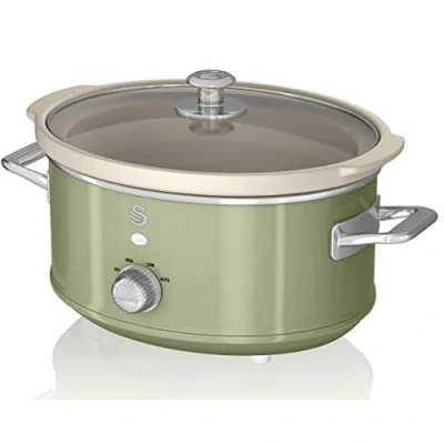 Immagine di Swan Retro SF17021GNEU Slow Cooker 3,5L Contenitore di Cottura rimovibile, Ceramic Non Stick PFOA &amp; PTFE Free, 3 Livelli Temperatura, Coperchio Vetro, Design Vintage, Verde, 200W