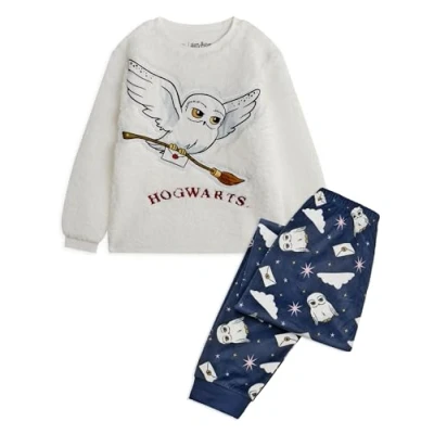 Immagine di Harry Potter Set Pigiama per Bambini Top in Pile Sherpa a Maniche Lunghe Hedwig di Hogwarts e Pantaloni Loungewear con Stampa Integrale Pacchetto Completo Indumenti da Notte Coordinati