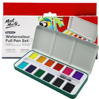 Immagine di Mont Marte Set completo di acquerelli Signature 13 pezzi, vibrante, multicolore con finitura traslucida, pozzetti miscelazione e pennello rotondo ricaricabile