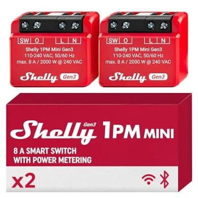 Immagine di Shelly 1PM Mini Gen3 Confezione de 2, Relè interruttore intelligente Wi Fi e Bluetooth con misuratore di potenza, 1 canale 8A, Smart Home, Alexa Google App iOS Android