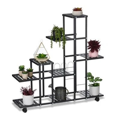 Immagine di Relaxdays Scaffale Portapiante con Rotelle, 91,5 x 93 26 cm, a 9 Ripiani, in Acciaio, Portafiori e Portavasi, Nero